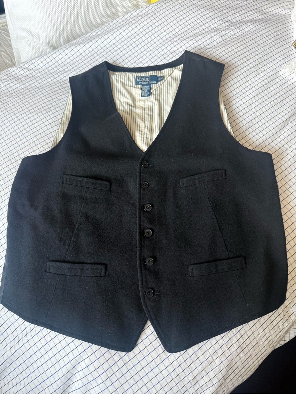 Vintage Polo Ralph Lauren Black Wool Vest with Striped Lining